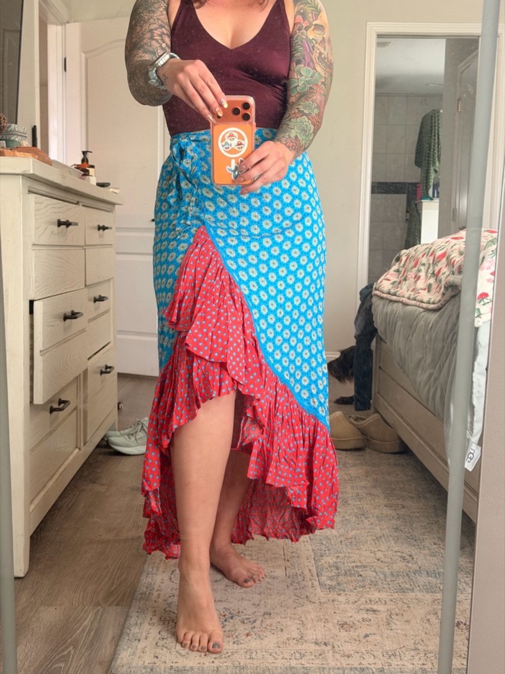 Solitaire Blue and Red Floral High-Low Wrap Skirt